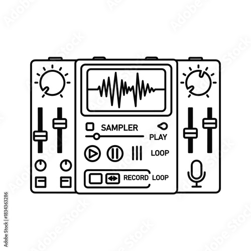 Minimalist DJ Mixer Controller Icon with Sampler and Waveform Display