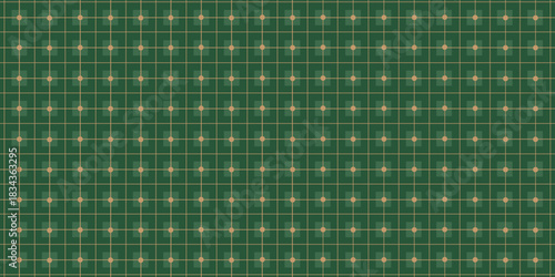 Seamless Christmas plaid texture pattern with gold lines and circles. Green argyle geometric diamond abstract pattern. Christmas wrapping. Vector illustration isolated on a green background. Eps10