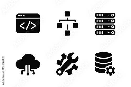 Collection of six modern flat icons representing technology and it services