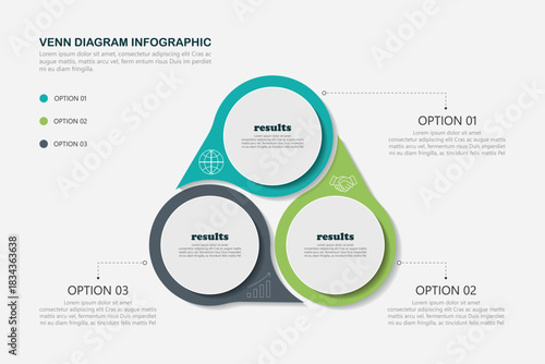 Venn diagram infographic chart template for business 3, 4, parts, options, presentation with venn diagram elements vector illustration.	