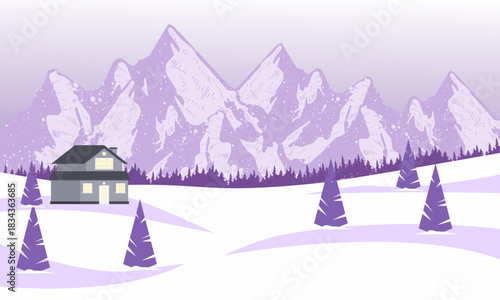 Serene winter landscape with a cozy house nestled among snow-covered pine trees and majestic purple mountains under a soft, overcast sky