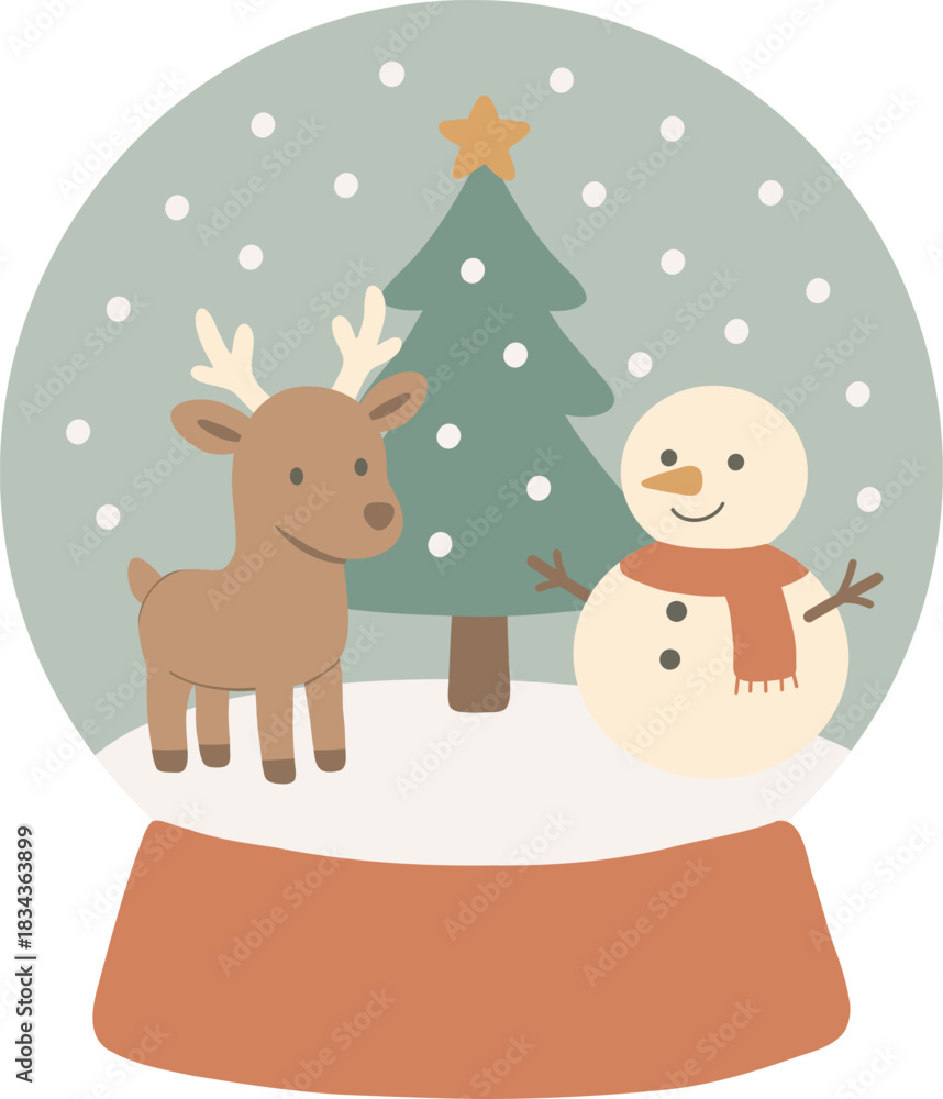 Obraz premium Retro Christmas Snow Globe Clipart with Reindeer, Snowman, and Tree. Boho Flat Design Holiday Illustration.