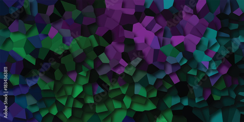 Abstract mosaic pattern with deep purple and vibrant green polygonal shapes creating a textured, gradient background effect with subtle shadows and a sense of depth