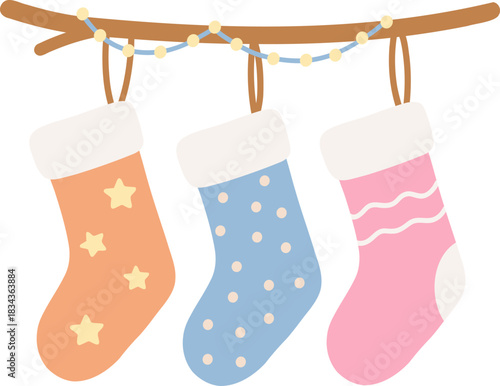 Boho Christmas Stockings Hanging from Mantel. Cute Flat Design Holiday Decor Clipart.