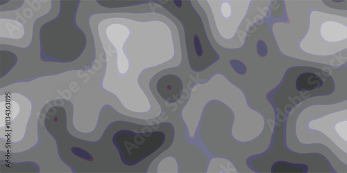 Abstract topographic map style background with smooth contour lines in shades of gray, light gray, and dark gray, featuring subtle purple and blue outlines for a modern, organic, and scientific visual