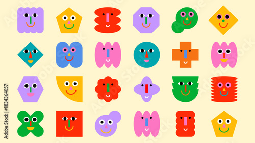 Abstract square faces with cute emotions. Doodle geometric characters, quirky avatars, playful mascots for modern design. Vector isolated set.
