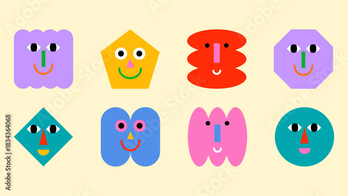 Funny abstract square emoji-faces. Hand-drawn doodle portraits with expressive moods, geometric mascots for trendy posters and stickers.
