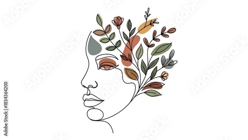 Minimalist Line Art Woman with Floral Elements.