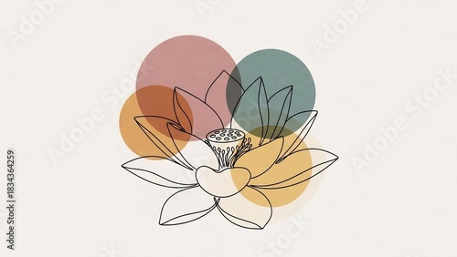 Minimalist Lotus Flower Line Art with Abstract Colorful Circles on a Light Background.