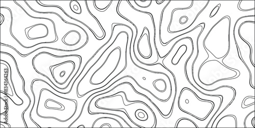 Black and white abstract topographic contour lines on a white background forming an irregular organic pattern with clean lines and distinct shapes for graphic design and illustrative purposes