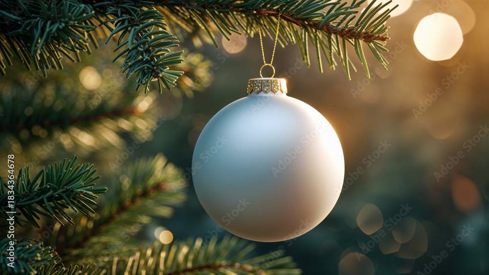 Naklejka premium Close-Up of White Christmas Ornament Hanging on Pine Tree