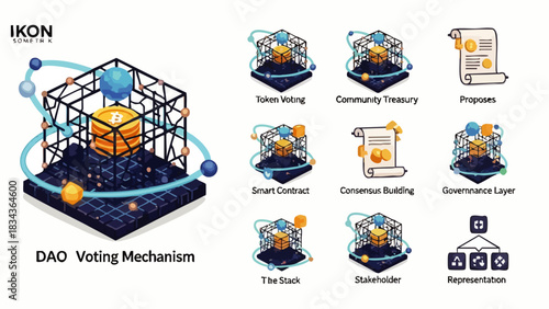 Isometric illustration depicting the DAO voting mechanism, showcasing the structure and processes involved in decentralized autonomous organizations, emphasizing transparency and participation.