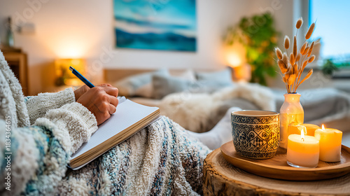 Embracing self-care and well-being through journaling at home cozy interior personal reflection peaceful atmosphere