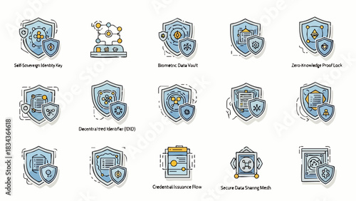 This collection of icons represents various aspects of blockchain technology, including security, decentralized identity, and data protection, all in a cohesive style.
