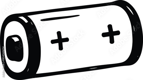 Hand-drawn battery icon, doodle solid black on white, simple positive and negative ends, quick power sketch