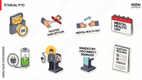 A set of modern, colorful, and engaging icons illustrating concepts related to ethical paid time off and employee well-being in a contemporary style.