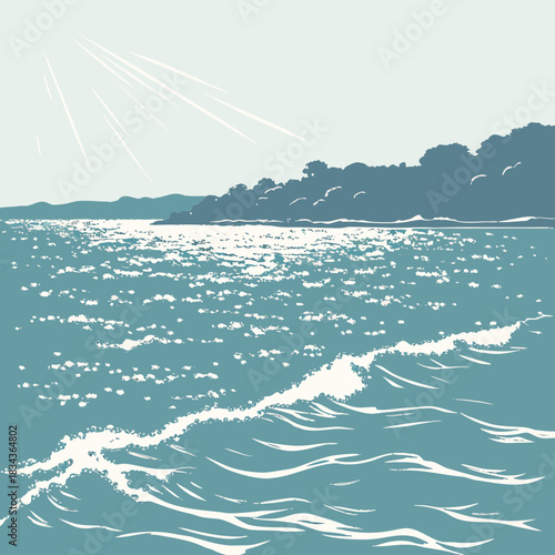 Stylized illustration of a sparkling ocean wave crashing near a tree covered coastline under bright sunbeams