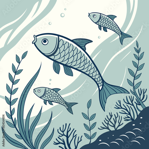 Three stylized fish swim gracefully through a serene underwater scene with flowing aquatic plants and gentle bubbles