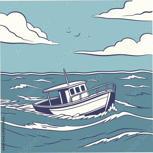 A lone fishing boat navigates choppy blue waters under a sky with stylized clouds and birds