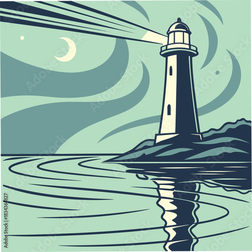 Stylized illustration of a tall lighthouse on a rocky shore at night with a crescent moon and shining beam reflected in the water
