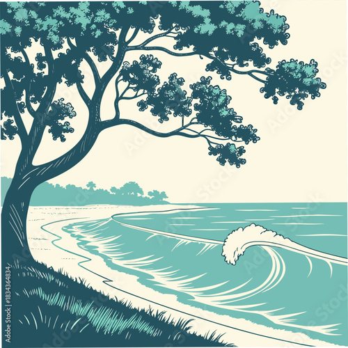Stylized illustration of a lone tree overlooking a serene beach with a gentle wave rolling towards the shore