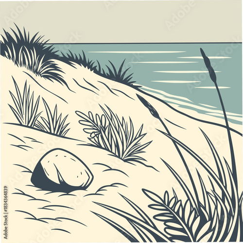 Stylized illustration of a sandy dune with grasses and a rock overlooking a calm body of water