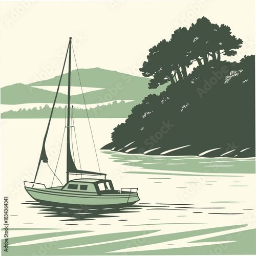 Serene sailboat glides across calm waters near a lush green forested island under a pale sky