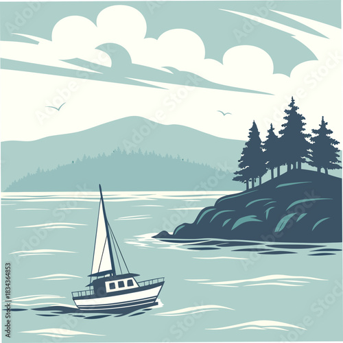 A lone sailboat glides peacefully across calm blue waters towards a rocky island topped with evergreen trees and distant misty mountains under a cloudy sky