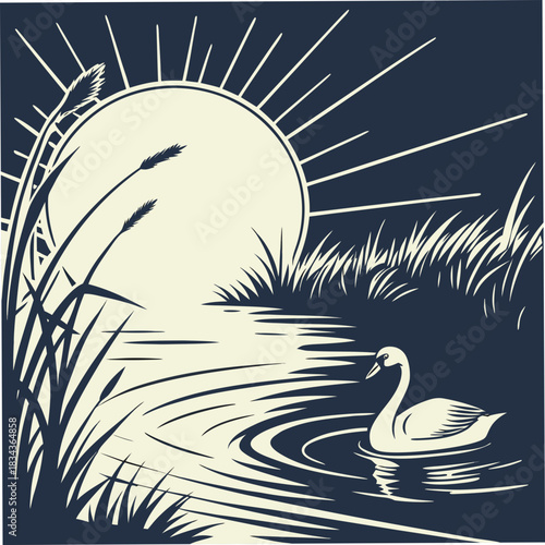Serene swan glides gracefully across calm water amidst tall reeds under a radiant rising sun