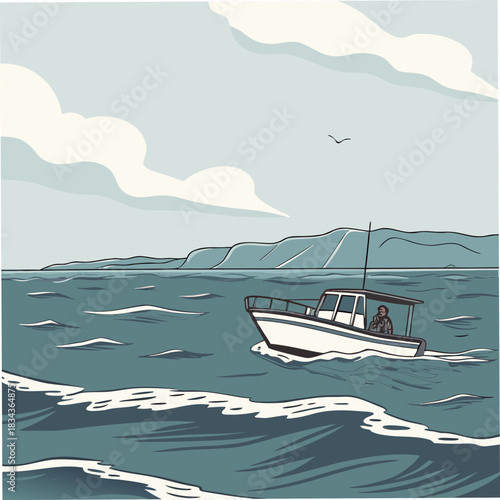 A lone person steers a small white boat across choppy blue ocean waves towards a distant coastline under a cloudy sky