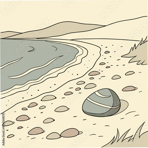 A serene coastal landscape illustration featuring a sandy beach with scattered pebbles and gentle waves lapping the shore under rolling hills