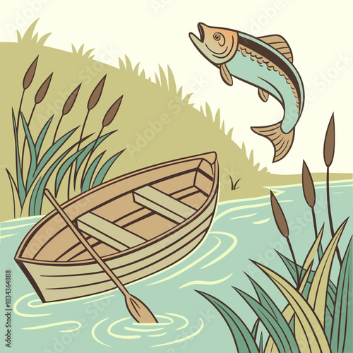 A jumping fish leaps from the water near a wooden rowboat moored by the grassy shore with cattails