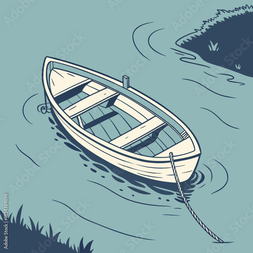 A lone wooden rowboat floats peacefully on calm blue water tied to the shore with a rope