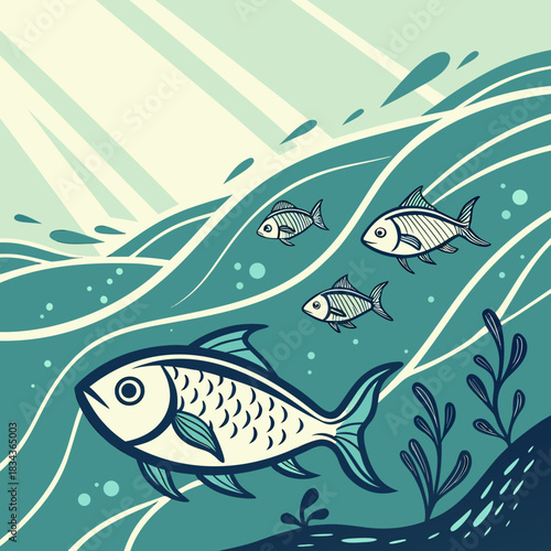 Stylized illustration of a school of fish swimming in wavy turquoise ocean water with sunbeams shining from above