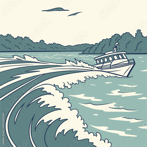 A speed boat cuts through choppy ocean waves leaving a white wake behind it near a tree lined shore