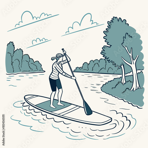 Woman paddleboarding on a calm river surrounded by lush green trees and a cloudy sky in a simple line art style