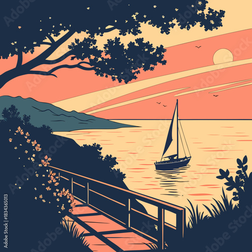 Serene sailboat glides across calm water at sunset with a scenic mountain view and a wooden walkway