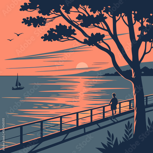 Serene silhouette of a person gazing at a tranquil sunset over the ocean from a pier with a sailboat