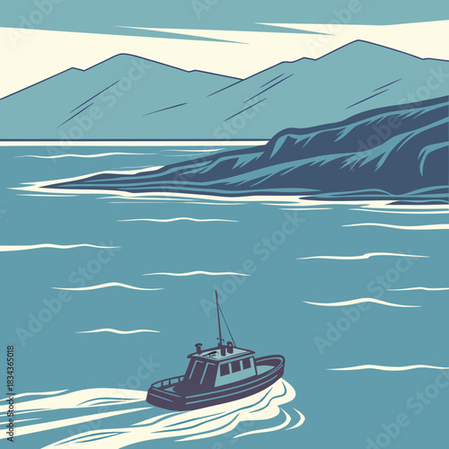 A solitary fishing boat cruises through calm blue waters towards a rugged coastline with distant mountains under a cloudy sky