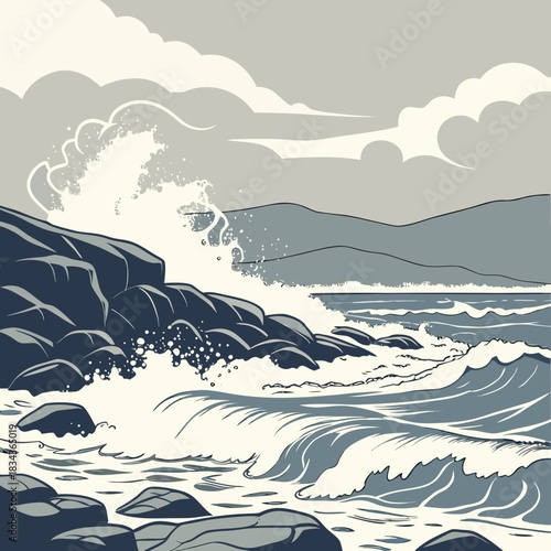 Dramatic ocean waves crash against dark rocky shore under a cloudy sky with distant mountains