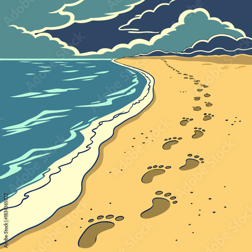 Footprints leading along a sandy beach towards the ocean under a dramatic cloudy sky