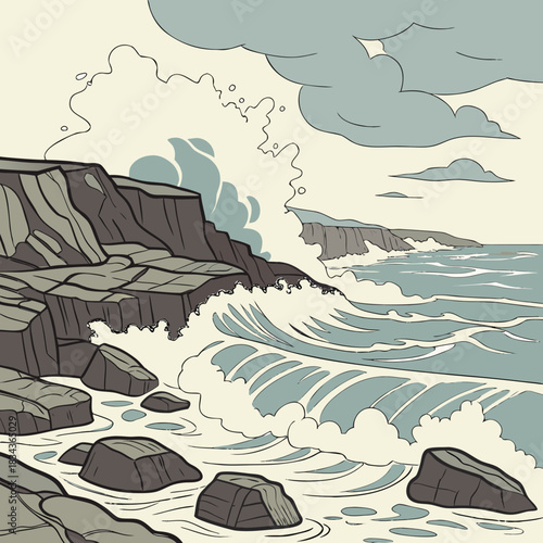 Dramatic ocean waves crash against a rugged rocky coastline under a cloudy sky in a stylized illustration