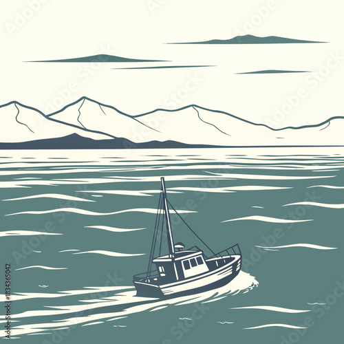 A solitary fishing boat navigates choppy turquoise waters with a majestic mountain range in the background under a cloudy sky