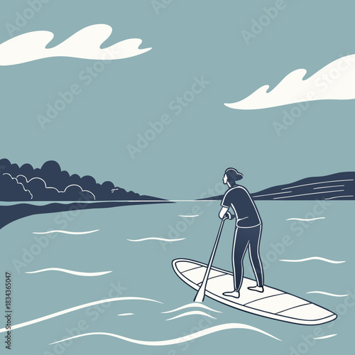 Lone figure enjoys a serene paddleboarding adventure on calm waters with distant tree lined shores and fluffy clouds above