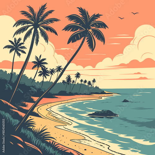 Stylized illustration of a tropical beach with palm trees and calm ocean waves under a colorful sunset sky