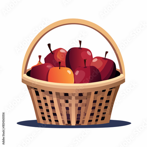 Vibrant assortment of fresh red and golden apples overflowing from a rustic woven wicker basket, symbolizing wholesome goodness and plentiful harvest