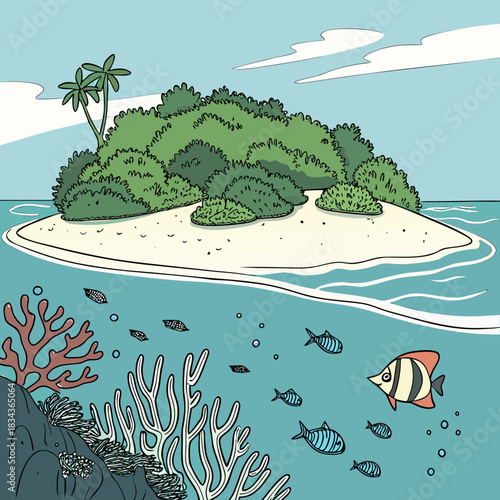 Vibrant tropical island paradise with lush green vegetation and palm trees above clear blue ocean waters teeming with colorful fish and coral reefs below
