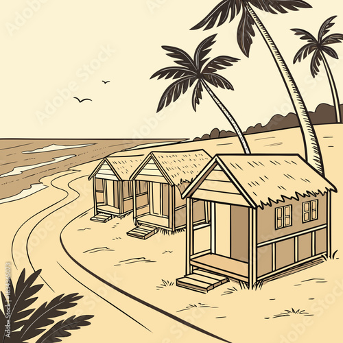 Charming thatched roof bungalows line a sandy beach beside palm trees and the ocean waves