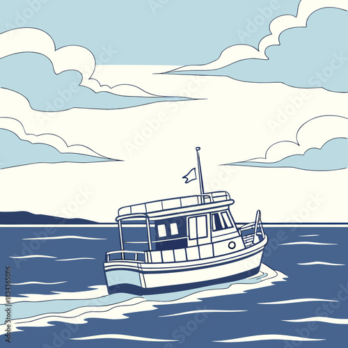 A charming stylized illustration of a white and blue motor yacht cruising on a calm blue sea under a cloudy sky