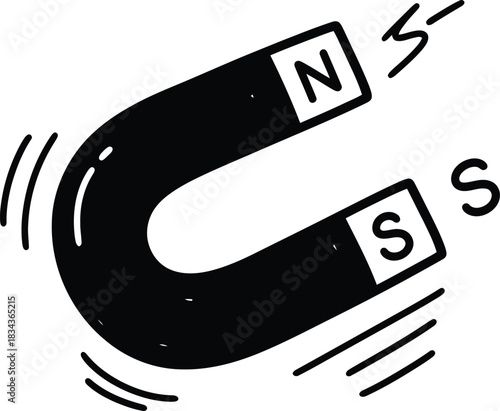 Hand-drawn simple magnet icon, doodle solid black on white, classic horseshoe shape, quick force sketch